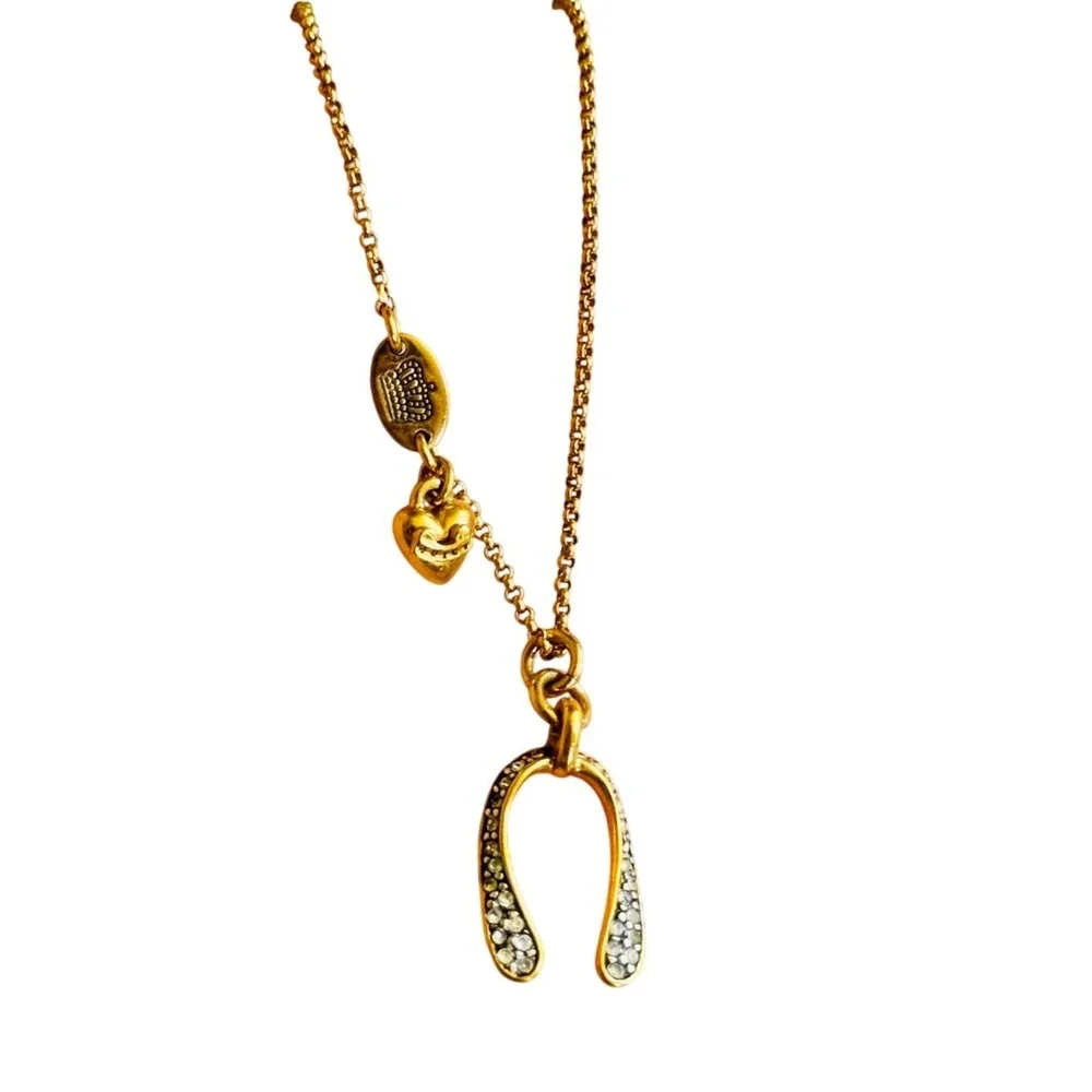 Juicy Couture WishBone Necklace Crystal Pave Designer Gold Designer Y2K 18